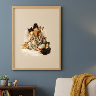 Cosy Cat Lady Reading & Coffee Poster