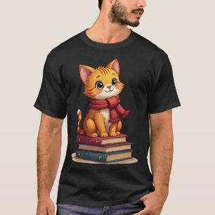 Cosy Cat Lover with Knitted Scarf and Autumn Books T-Shirt