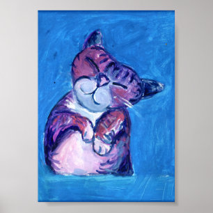  Cosy Cat Painted Kitty Cute Feline Fun Blue Poster