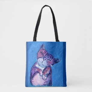  Cosy Cat Painted Kitty Cute Feline Fun Blue Tote Bag