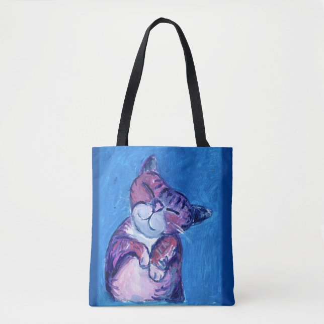 Cosy Cat Painted Kitty Cute Feline Fun Blue Tote Bag (Front)