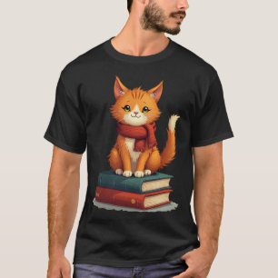 Cosy Cat Reading Books Autumn Scarf Vintage Cat Lo T-Shirt