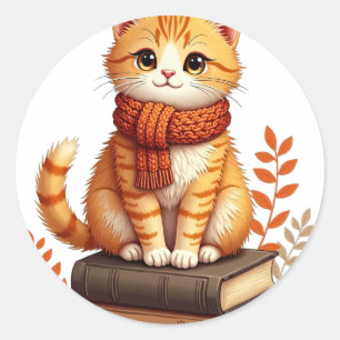 Cosy Cat Reading Nook - Autumn Watercolor Art for Classic Round Sticker