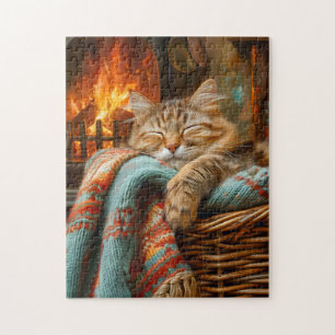 Cosy Cat Sleeping in Basket by Warm Fireplace Jigsaw Puzzle
