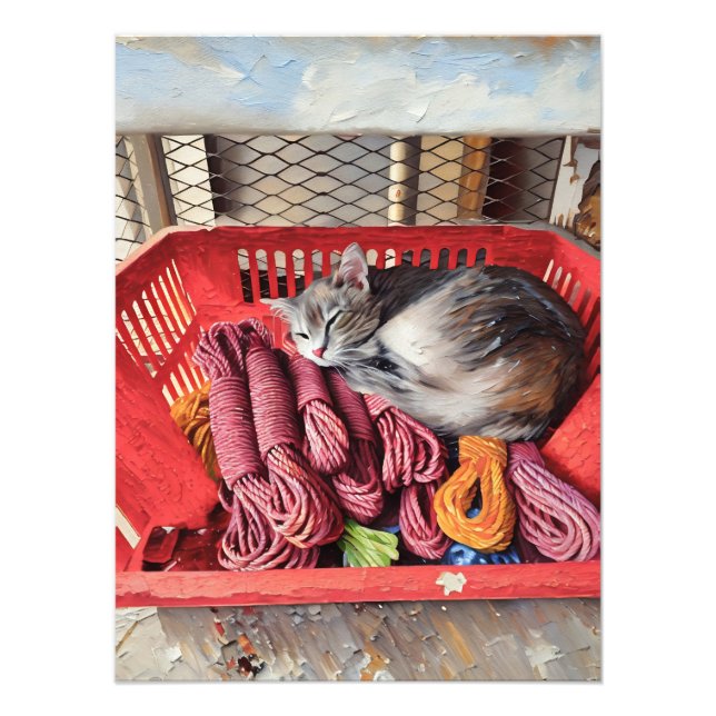 Cosy Cat Sleeping in Red Basket Filled with Ropes Photo Print (Front)