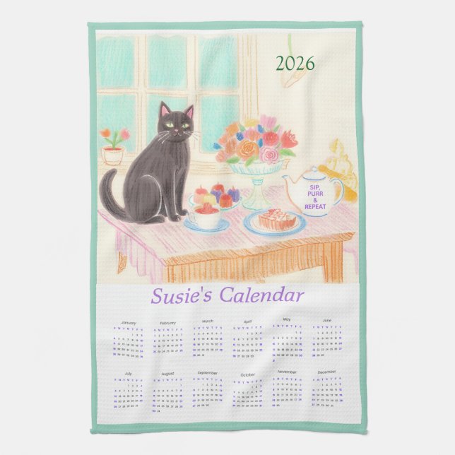 Cosy Cat Tea Party 2026 Calendar Tea Towel (Vertical)