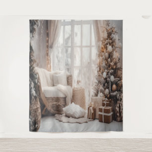 Cosy Chair, Snowy Window & Elegant Tree Backdrop Tapestry