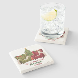 Cosy Chairs   1st Christmas Married 2025 Newlywed  Stone Coaster