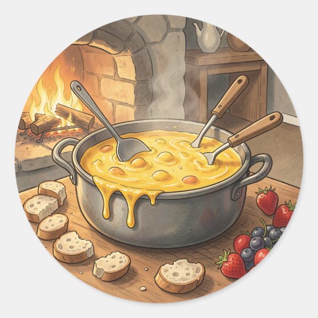 Cosy Cheese Fondue Fireplace Classic Round Sticker (Front)
