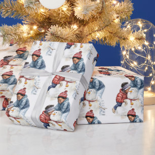 Cosy Christmas Black Kid's Building a Snowman Wrapping Paper