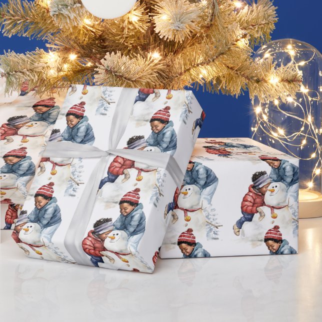 Cosy Christmas Black Kid's Building a Snowman Wrapping Paper (Holidays)