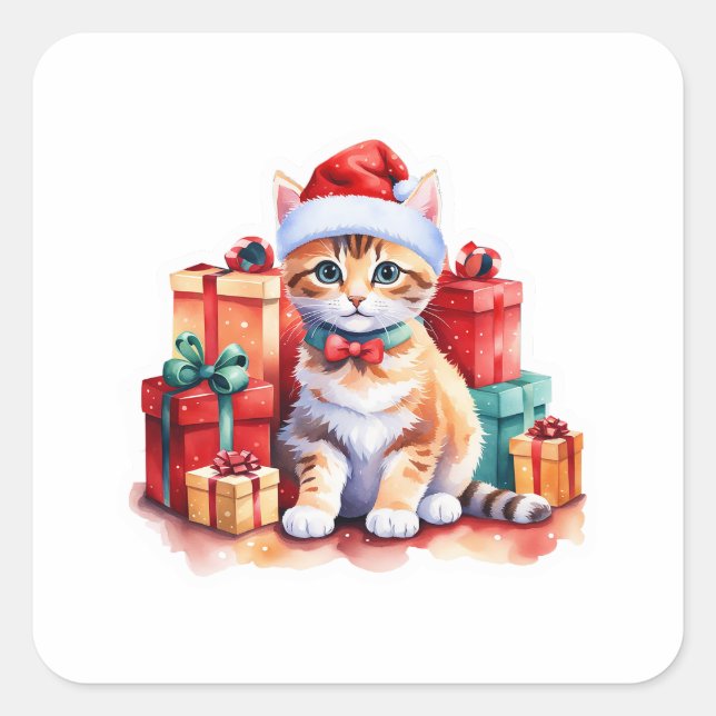 Cosy Christmas Cat Sticker – Cute Kitty with Gift  (Front)