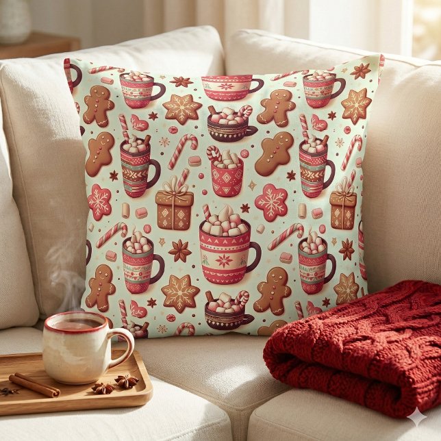 Cosy Christmas Cocoa and Gingerbread Pattern Cushion (Cozy Christmas Cocoa and Gingerbread Pattern Throw Pillow Mockup A.)