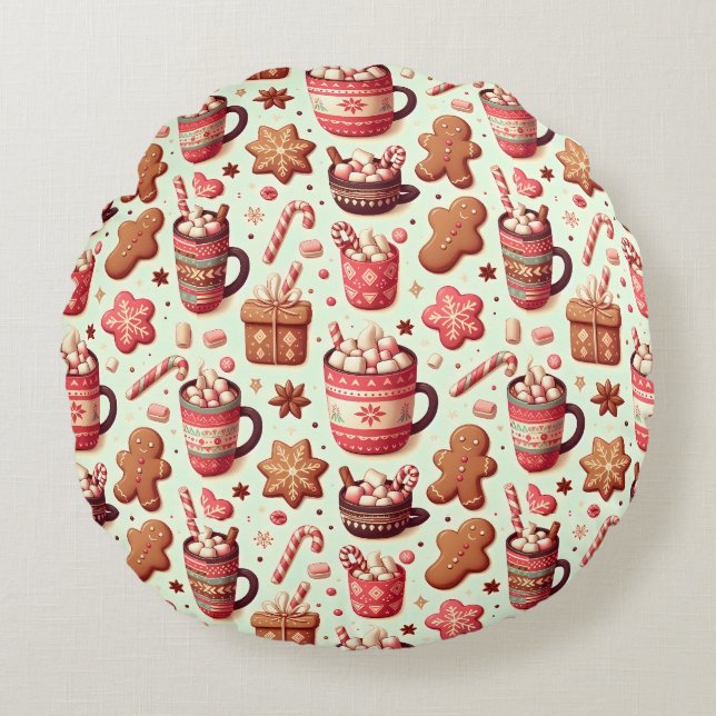 Cosy Christmas Cocoa and Gingerbread Pattern Round Cushion (Front)