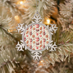 Cosy Christmas Cocoa and Gingerbread Pattern Snowflake Pewter Christmas Ornament