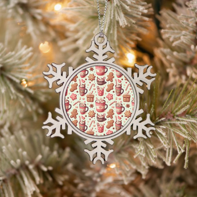Cosy Christmas Cocoa and Gingerbread Pattern Snowflake Pewter Christmas Ornament (Tree)