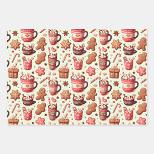 Cosy Christmas Cocoa and Gingerbread Pattern Wrapping Paper Sheet