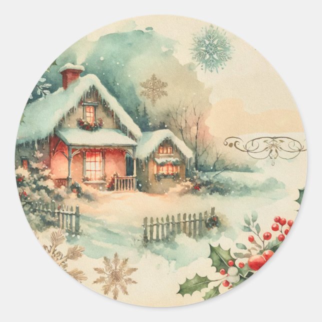 Cosy Christmas Cottage  Classic Round Sticker (Front)
