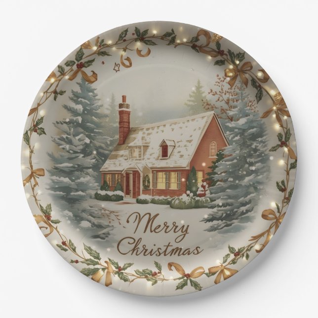 Cosy Christmas Cottage Paper Plate (Front)