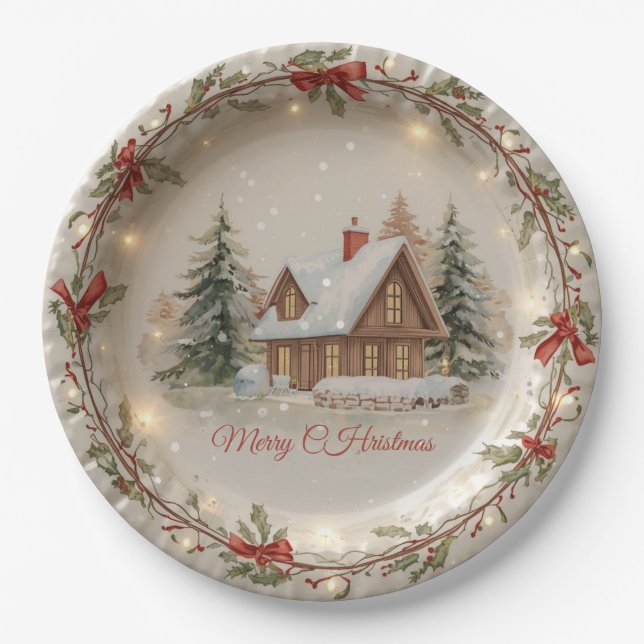 Cosy Christmas Cottage Paper Plate (Front)