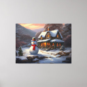 Cosy Christmas Cottage & Snowman Vintage Winter Canvas Print