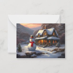 Cosy Christmas Cottage & Snowman   Vintage Winter  Card