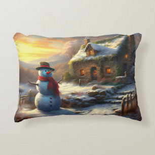 Cosy Christmas Cottage & Snowman Vintage Winter Decorative Cushion