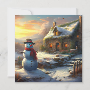 Cosy Christmas Cottage & Snowman Vintage Winter Holiday Card