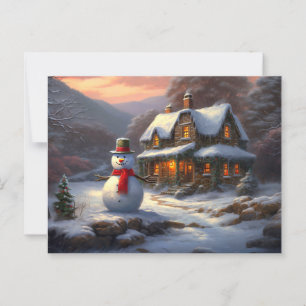 Cosy Christmas Cottage & Snowman   Vintage Winter  Postcard