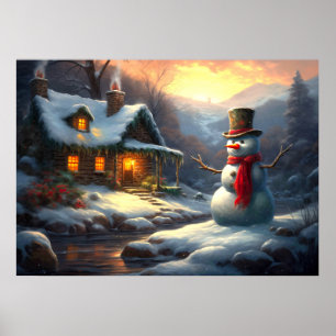 Cosy Christmas Cottage & Snowman Vintage Winter Poster