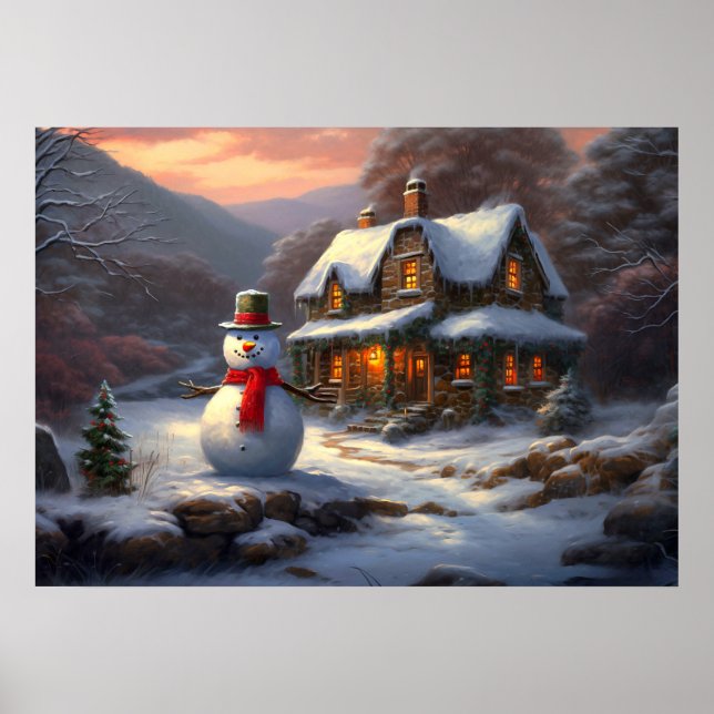 Cosy Christmas Cottage & Snowman | Vintage Winter Poster (Front)