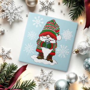 Cosy Christmas Gnome Red Green Winter Cute Tile
