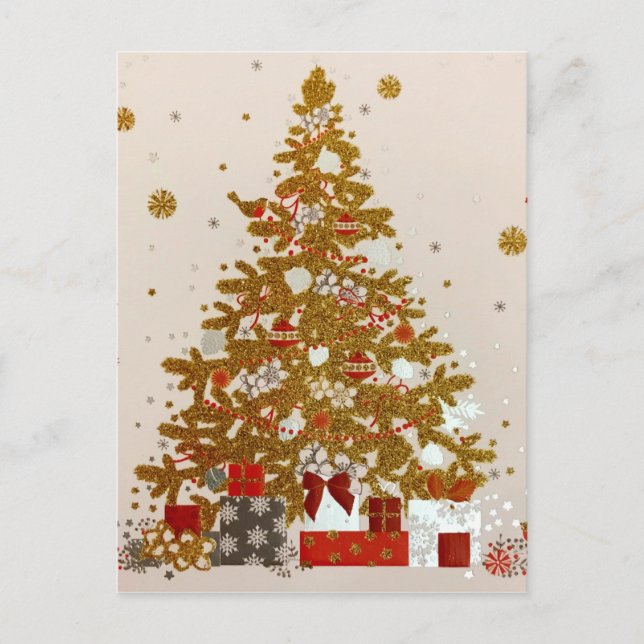 Cosy Christmas Gold Glittered Tree Presents Announcement Postcard (Front)