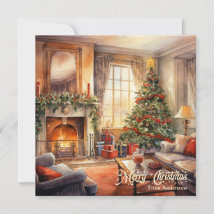 Cosy Christmas interior with fireplace and Tree Holiday Card