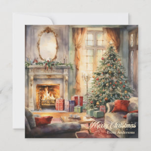 Cosy Christmas interior with fireplace and Tree Holiday Card