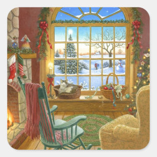 Cosy Christmas Living Room Square Sticker
