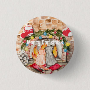 Cosy Christmas mantel with dog and cat 3 Cm Round Badge