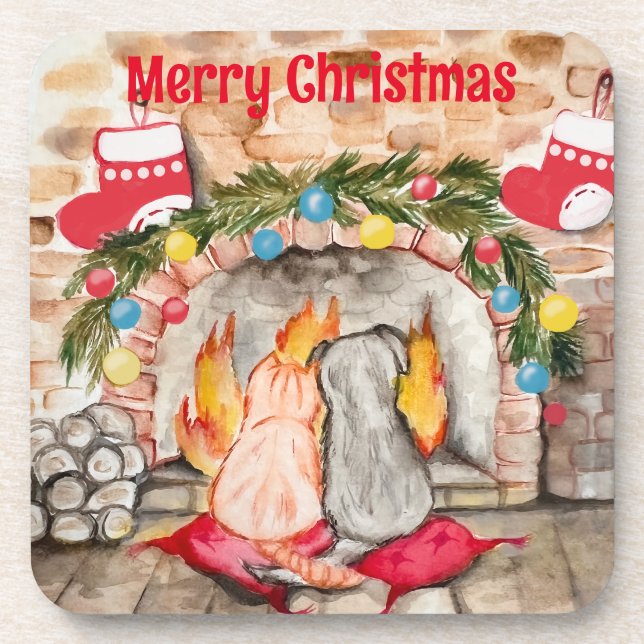 Cosy Christmas mantel with dog and cat Coaster (Front)
