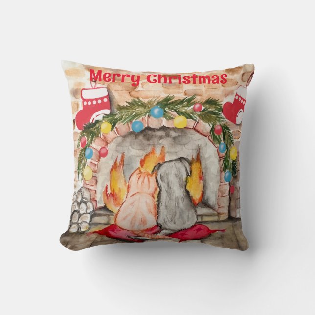 Cosy Christmas mantel with dog and cat Cushion (Front)