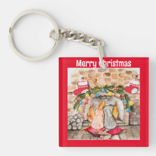 Cosy Christmas mantel with dog and cat Key Ring