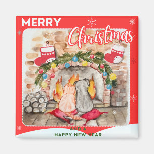 Cosy Christmas mantel with dog and cat Magnet