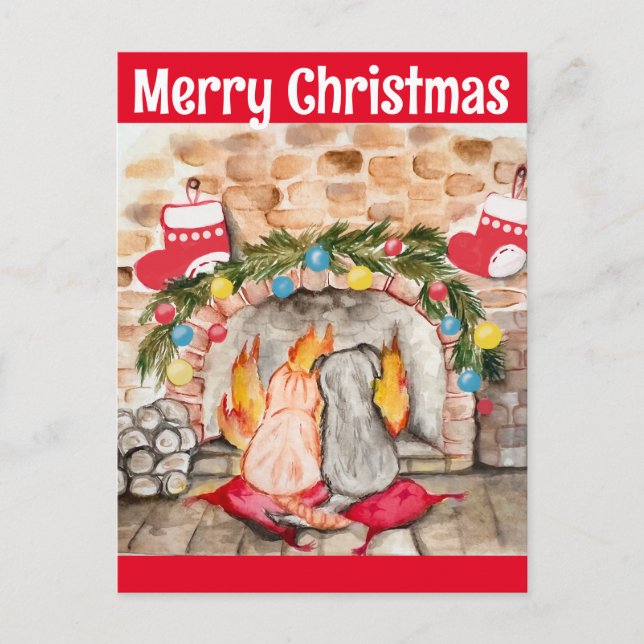 Cosy Christmas mantel with dog and cat Postcard (Front)