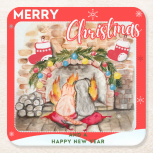 Cosy Christmas mantel with dog and cat Square Paper Coaster