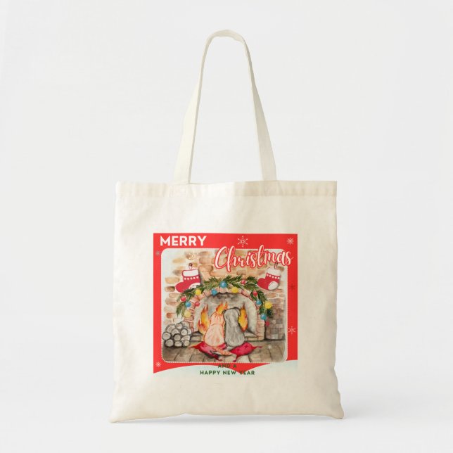 Cosy Christmas mantel with dog and cat Tote Bag (Front)