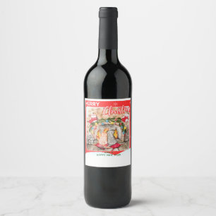 Cosy Christmas mantel with dog and cat Wine Label