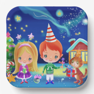 Cosy Christmas  new year . Girl boy and cat Paper Plate