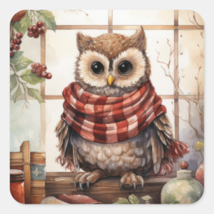 Cosy Christmas Owl Heartwarming Winter Cute Owl Square Sticker