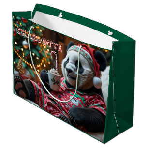Cosy Christmas Panda in Pyjamas Personalised Large Gift Bag