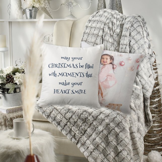 Cosy Christmas Quote Photo Navy White Cushion (Front and back view)