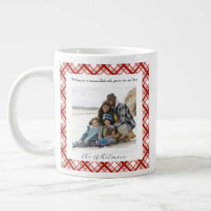 Cosy Christmas Red Plaid Retro Monogram 2 Photo Large Coffee Mug